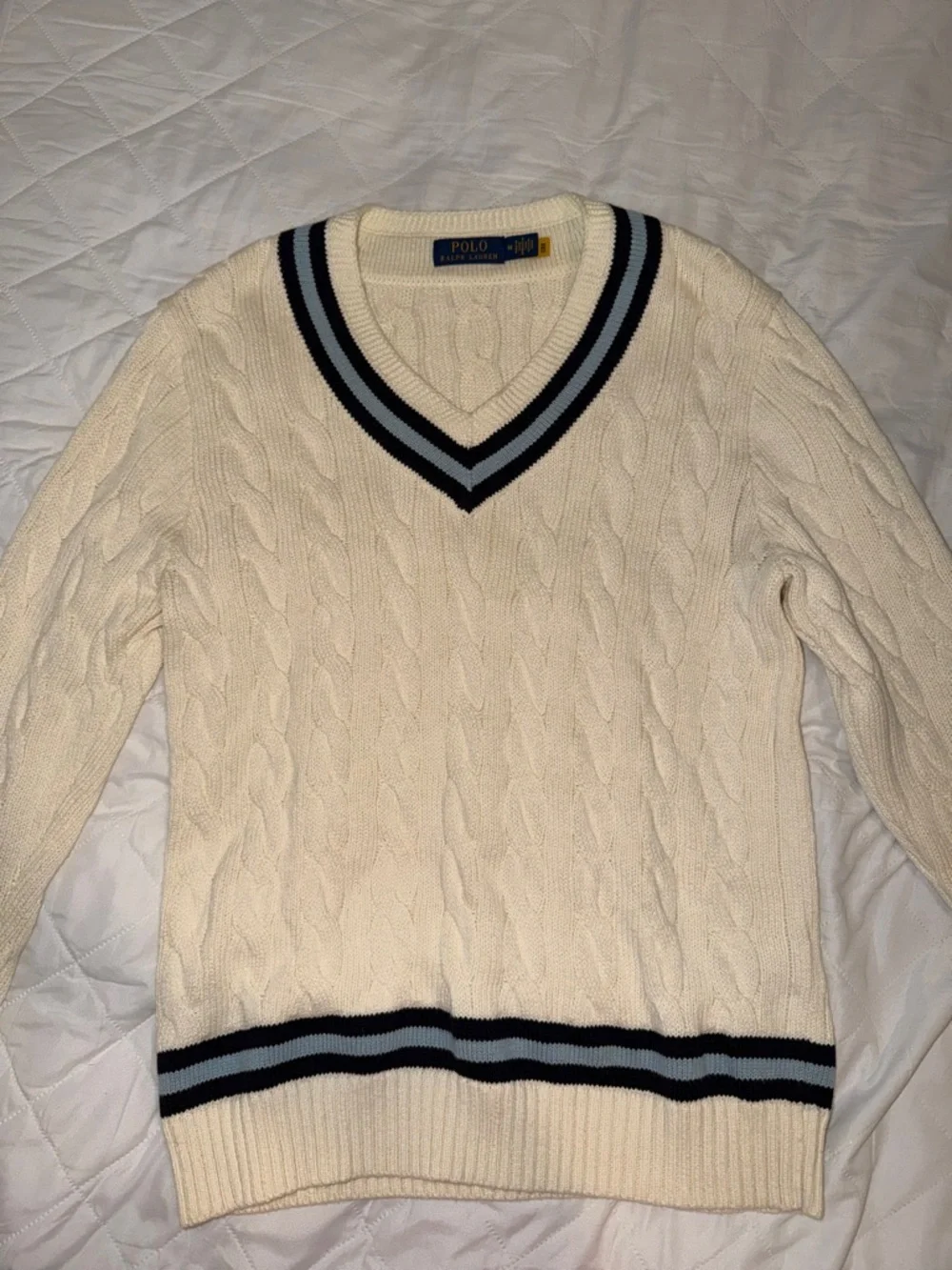 Polo by Ralph Lauren Cream Cable-Knit V-Neck Sweater with Blue Stripes - Picture 2 of 5